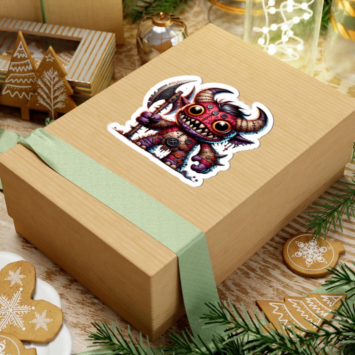 ColorFlow | Red Stitched Plushie Demon Monster Vinyl Sticker | Button Eye Art Decal | Unique Collectible | Fantasy Gift-2