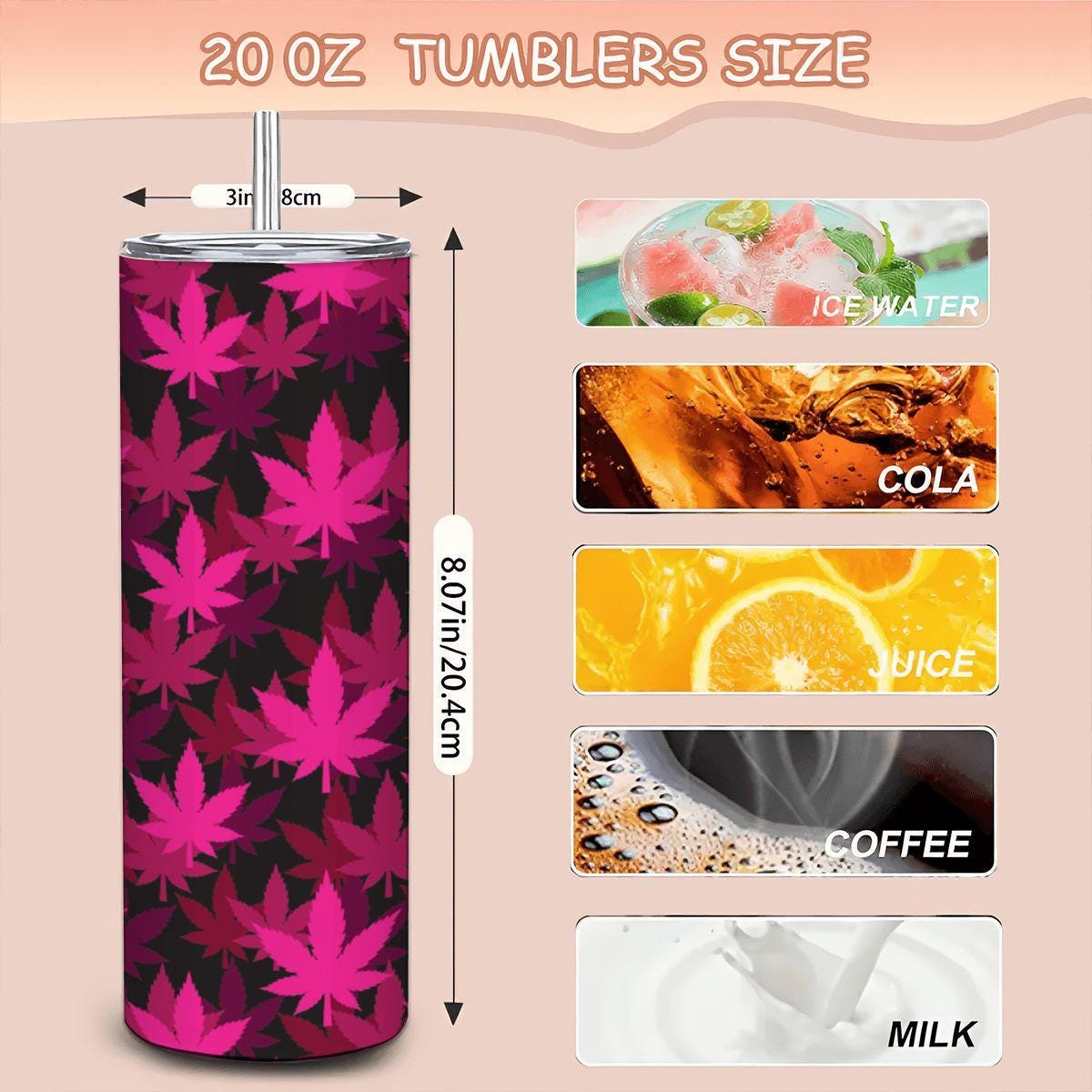 ColorFlow | Pink Neon Leaf Tumbler 20oz | Bold Cannabis Stainless Steel Cup | Weed Gift for Stoner Women-3